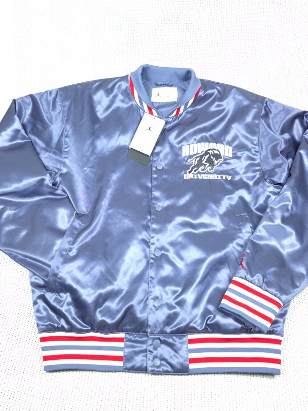 Howard University Air Jordan Satin Varsity Jacket Mens Sz. Med. Indigo Red